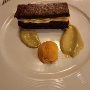 The Dining Room - Chocolate almond mille fueille with pistachio cream and apricot sorbet - American Near Me - Madison, Georgia