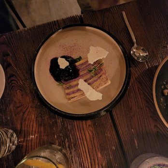 Harbinger - Yuzu Crepe Cake  vanilla buttermilk, macerated blueberries, meringue cookies - New American Near Me - Des Moines, Iowa