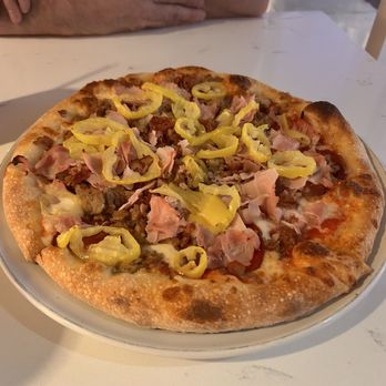 Gios Pizzeria Napoletana - Meatlovers pizza with banana peppers - Pizza Near Me - Myrtle Beach, South Carolina