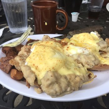 Hazel's Diner And Bakery - Country fried chicken breast Benedict with Hazels potatoes and pancake and eggs platter - Breakfast & Brunch Near Me - Hebron, Illinois Hazel's Diner And Bakery - Country fried chicken breast Benedict with Hazels potatoes and pancake and eggs platter - Breakfast & Brunch Near Me - Hebron, Illinois