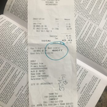 Arco Am-Pm 2098 Redlands - Receipt for a car wash and $34 in gas. Written in pen is the last six digits of the complaint number when I called corporate - Gas Stations Near Me - Redlands, California Arco Am-Pm 2098 Redlands - Receipt for a car wash and $34 in gas. Written in pen is the last six digits of the complaint number when I called corporate - Gas Stations Near Me - Redlands, California