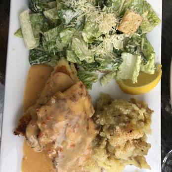 Waterfront Depot Restaurant - Crab Encrusted Alaskan Halibut with Yukon Mash and side Ceaser Salad - Seafood Near Me - Florence, Oregon Waterfront Depot Restaurant - Crab Encrusted Alaskan Halibut with Yukon Mash and side Ceaser Salad - Seafood Near Me - Florence, Oregon