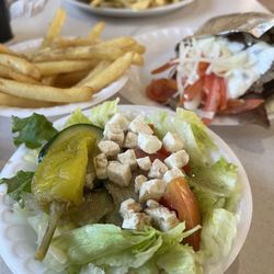 King Kong - Small Greek salad (I picked off the Greek olives) side of fries (best fries ever!) and gyro.