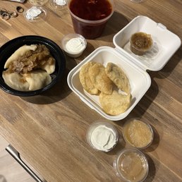 fried potato pierogies, boiled beef pierogies, borscht fried potato pierogies, boiled beef pierogies, borscht