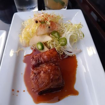 Perch - PORK BELLY    appetizer with coriander picked apples, frisée, and a maple-sherry vinegar glazet - Lounges Near Me - Los Angeles, California