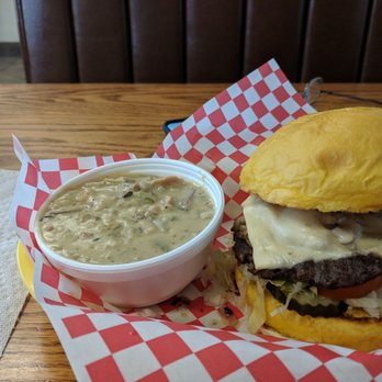MayMoes - This is the Mushroom Bacon Burger with clam chowder. - Cajun/Creole Near Me - Logan, Utah MayMoes - This is the Mushroom Bacon Burger with clam chowder. - Cajun/Creole Near Me - Logan, Utah