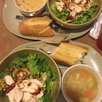 Panera Bread - BBQ Chopped Chicken Salads with vegetarian summer corn chowder on top and chicken noodle soup on the bottom. - Sandwiches Near Me - Bayside, New York