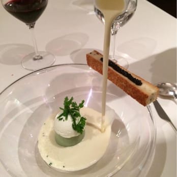 Restaurant Château Cordeillan-Bages - Oyster with caviar toast, poured over with potato soup. - French Near Me - Pauillac, 33 Restaurant Château Cordeillan-Bages - Oyster with caviar toast, poured over with potato soup. - French Near Me - Pauillac, 33