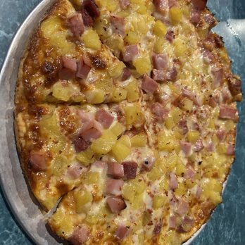 Cape Cod Cafe - Ham and pineapple... needed more cooking or burnt edges - Pizza Near Me - Brockton, Massachusetts