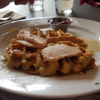 Beach Plum Kitchen - Thanksgiving waffle. Highly recommend! Waffle made of stuffing and real Turkey, gravy, and homemade cranberry sauce. - New American Near Me - Carlsbad, California Beach Plum Kitchen - Thanksgiving waffle. Highly recommend! Waffle made of stuffing and real Turkey, gravy, and homemade cranberry sauce. - New American Near Me - Carlsbad, California