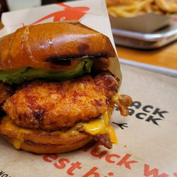 The Crack Shack - The Bae: Bacon, Avocado, Egg, and Cheddar on Brioche. Sans egg, added fried chicken. No fries included. Undercooked. Cost = $16 - Chicken Shop Near Me - Costa Mesa, California