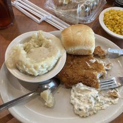 Luby's Fried Fish, Mashed Potatoes, sweet corn, carrot cake