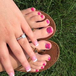 Best Nails - Pink and white set with gel overlay and gel pedicure with design. Nails by Kevin and pedicure by Cynthia