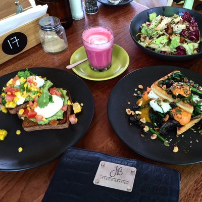 Photo of Mason & Bird - Kalamunda, WA, AU. Left to right - vegi smash, Paleo waffles and chicken salad