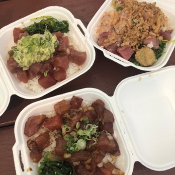 Five Star Poke - Cold Ginger Shoyu Ahi (top left), Spicy Mayo Ahi (top right), Garlic Shoyu Ahi (bottom) - Poke Near Me - Honolulu, Hawaii