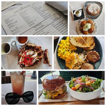 The Dearborn - Fried Chicken & Waffle, Parker House Rolls Croissant Monkey Bread, #BasicAF American Breakfast, Dearborn Burger, and White Peach & Razz. - New American Near Me - Chicago, Illinois