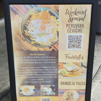 Casera Latin Kitchen and Bakery - One face of the sidewalk sign - Peruvian Near Me - Oceanside, California