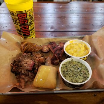 Dickey's Barbecue Pit - 3 plate meal (Pork ribs, beef brisket, jalepeno cheddar kelbasa) (Sides: mac cheese, creamy spinach) - American Near Me - Kapolei, Hawaii Dickey's Barbecue Pit - 3 plate meal (Pork ribs, beef brisket, jalepeno cheddar kelbasa) (Sides: mac cheese, creamy spinach) - American Near Me - Kapolei, Hawaii
