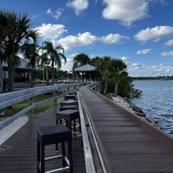 River Rocks Dining Dockside - Boardwalk with seating stools facing the river