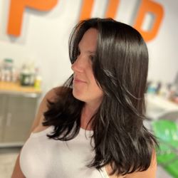Pop Hair Art - Beautiful rich brunette hair color curtain bangs butterfly shag haircut