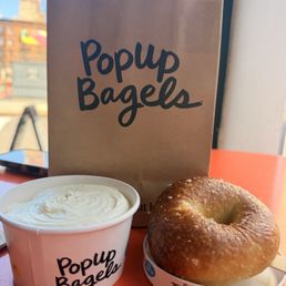 Salted bagel with plain smear Salted bagel with plain smear