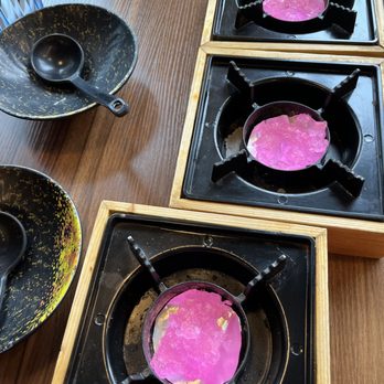Mr Lu Restaurant - Burners with pink gel (for personal hot pot) - Japanese Near Me - Calgary, Alberta Mr Lu Restaurant - Burners with pink gel (for personal hot pot) - Japanese Near Me - Calgary, Alberta