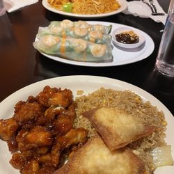 Mk Eats - Orange chicken with rice, spring rolls and Curry chicken and vegetables.