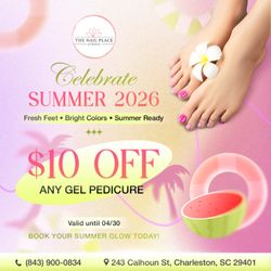 The Nail Place of Charleston - STEP INTO SUMMER WITH FRESH, FABULOUS FEET! 

Get your toes ready for the sunshine and sandals! We are kicking off the warm season earl