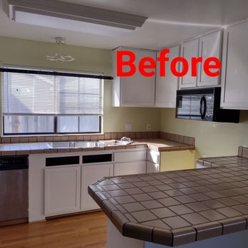 Paint Effects - Before: builder grade tile with no backsplash - Painters Near Me - Santa Cruz, California Paint Effects - Before: builder grade tile with no backsplash - Painters Near Me - Santa Cruz, California