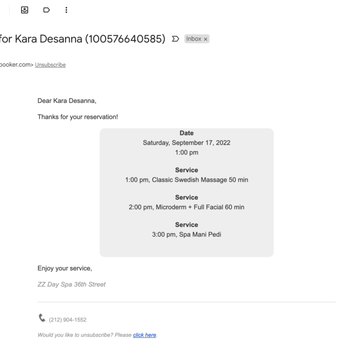 ZZ Day Spa - Automated confirmation from March listing three services. - Day Spas Near Me - New York, New York ZZ Day Spa - Automated confirmation from March listing three services. - Day Spas Near Me - New York, New York