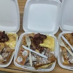R&C Deli - French Toast platters with bacon with additional side of scrambled cheese eggs also additional side of fried potatoes