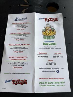 Menu photo 1 Kraus' Pizza Hartville, OH Menu photo 1 Kraus' Pizza Hartville, OH
