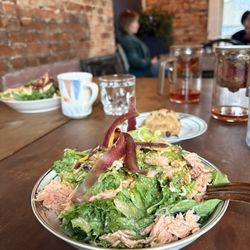 Felicity - Salmon salad, scone, tea. Seating upstairs