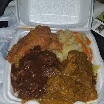 Sweet Spice - 3 meat sampler with curry goat, brown stew chicken and oxtails over rice and peas and cabbage - Caribbean Near Me - Savannah, Georgia Sweet Spice - 3 meat sampler with curry goat, brown stew chicken and oxtails over rice and peas and cabbage - Caribbean Near Me - Savannah, Georgia