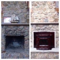 D & J Home & Hearth North - Great before and after. Mason contractor Installed limestone hearth stone( John Reynolds)  over the uneven and undersized hearth.
