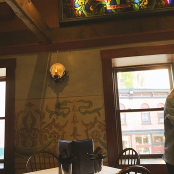 Fried Green Tomatoes - The stained glass and view of the shops is so whimsical - Steakhouses Near Me - Galena, Illinois