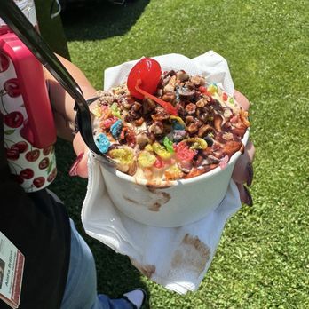 Build A Sundae - Vanilla with Fruity Pebbles, Chocolate Sauce, Health Bar and Cherries - Ice Cream & Frozen Yogurt Near Me - Sacramento, California Build A Sundae - Vanilla with Fruity Pebbles, Chocolate Sauce, Health Bar and Cherries - Ice Cream & Frozen Yogurt Near Me - Sacramento, California