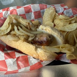 Wurst (sic) brat on stale bun