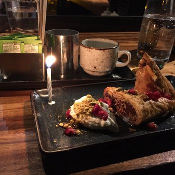 El Five - Baklava with birthday candle and espresso - Tapas/Small Plates Near Me - Denver, Colorado El Five - Baklava with birthday candle and espresso - Tapas/Small Plates Near Me - Denver, Colorado