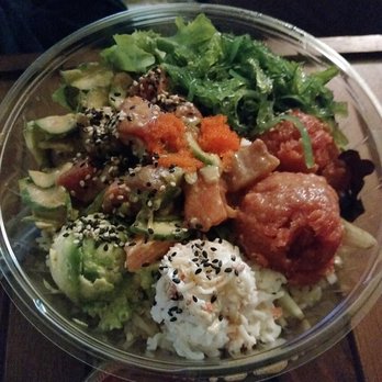Poke Dot - Large: brown rice/salad, tuna, two scoops spicy tuna, albacore, salmon, crab, cucumbers, seaweed ($1.75) &other stuff - Seafood Near Me - Claremont, California
