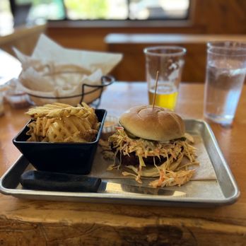 Mammoth Brewing - The chic-Siriacha-fila sandwich. With waffle fries. Hit the spot!! - Breweries Near Me - Mammoth Lakes, California