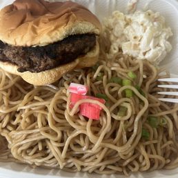 The Harry $15 noodles hamburger and Mac salad The Harry $15 noodles hamburger and Mac salad