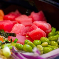 Banban Fusion Eatery - Hawaiian bowl with Quinoa and half tuna + half salmon. Contains edamame, in case you're wondering.