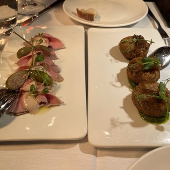 Osteria Carlina - Left: Carpaccio di Capesante Scottate all Olio su Letto di Miglio  Right: Polpettine di Bollito Piemontese - Italian Near Me - New York, New York