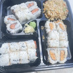 KJ Sushi & Korean BBQ - Bento box with tuna roll, spicy crab roll, spicy tuna roll, 86 the cucumber.