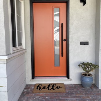 Vista Window Mfg - Door with sherwin Williams "robust orange" and "black magic" border - Windows Installation Near Me - Monrovia, California
