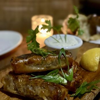 Naxos Estiatorio - LAMB CIGAR ROLLS - crispy fillo cone, braised lamb, caramelized onions, mint tzatziki - Pop-Up Restaurants Near Me - Woodland Park, New Jersey