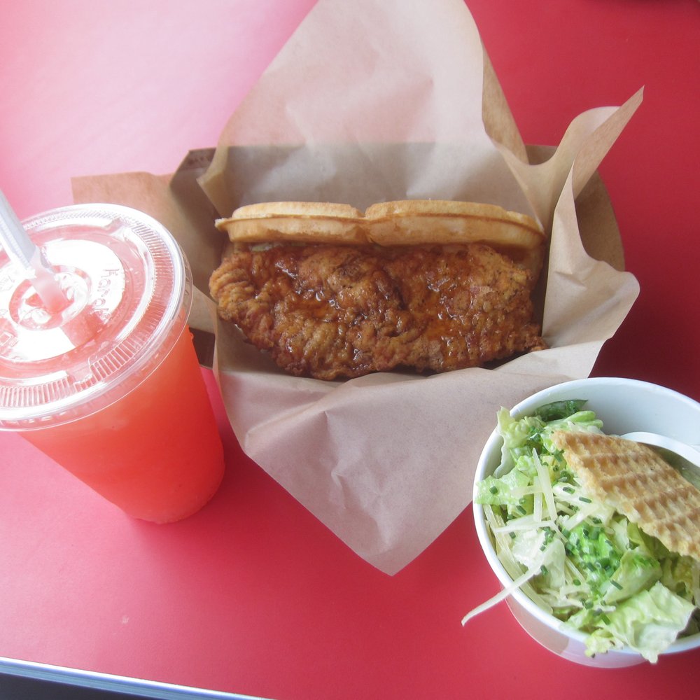 Bruxie - Fried Chicken & Waffle (with chili honey+cider slaw) combo with small Caesar salad ($7.5 + $2.5) and strawberry lemonade ($2.5) - Sandwiches Near Me - Orange, California Bruxie - Fried Chicken & Waffle (with chili honey+cider slaw) combo with small Caesar salad ($7.5 + $2.5) and strawberry lemonade ($2.5) - Sandwiches Near Me - Orange, California