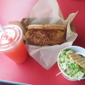 Bruxie - Fried Chicken & Waffle (with chili honey+cider slaw) combo with small Caesar salad ($7.5 + $2.5) and strawberry lemonade ($2.5) - Sandwiches Near Me - Orange, California