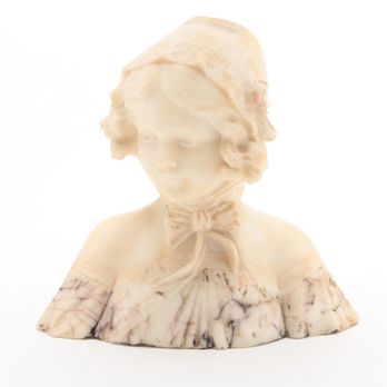 Antique Exchange Co-Op - Late 19th Century Carved Alabaster Bust of a Young Girl Wearing a Bonnet - Antiques Near Me - Denver, Colorado